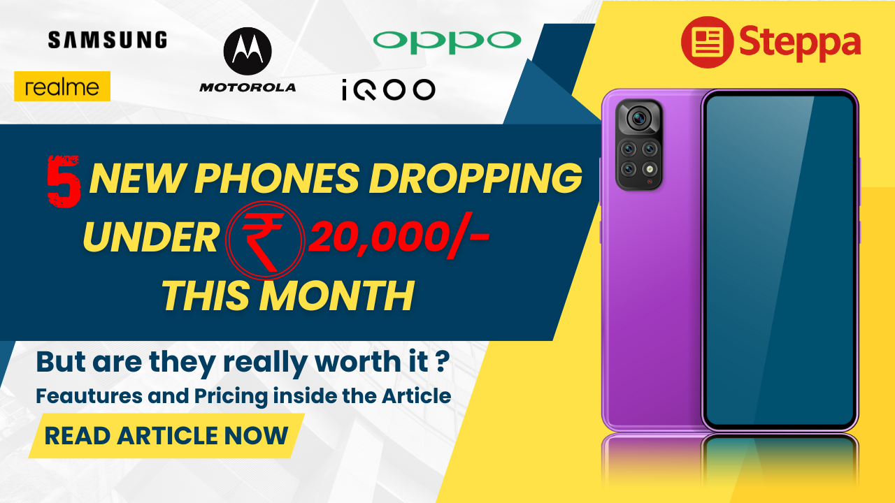 Image showing 5 upcoming smartphones under ₹20,000 in India 2025 with brand logos of Realme, Samsung, Motorola, Oppo, and iQOO.
