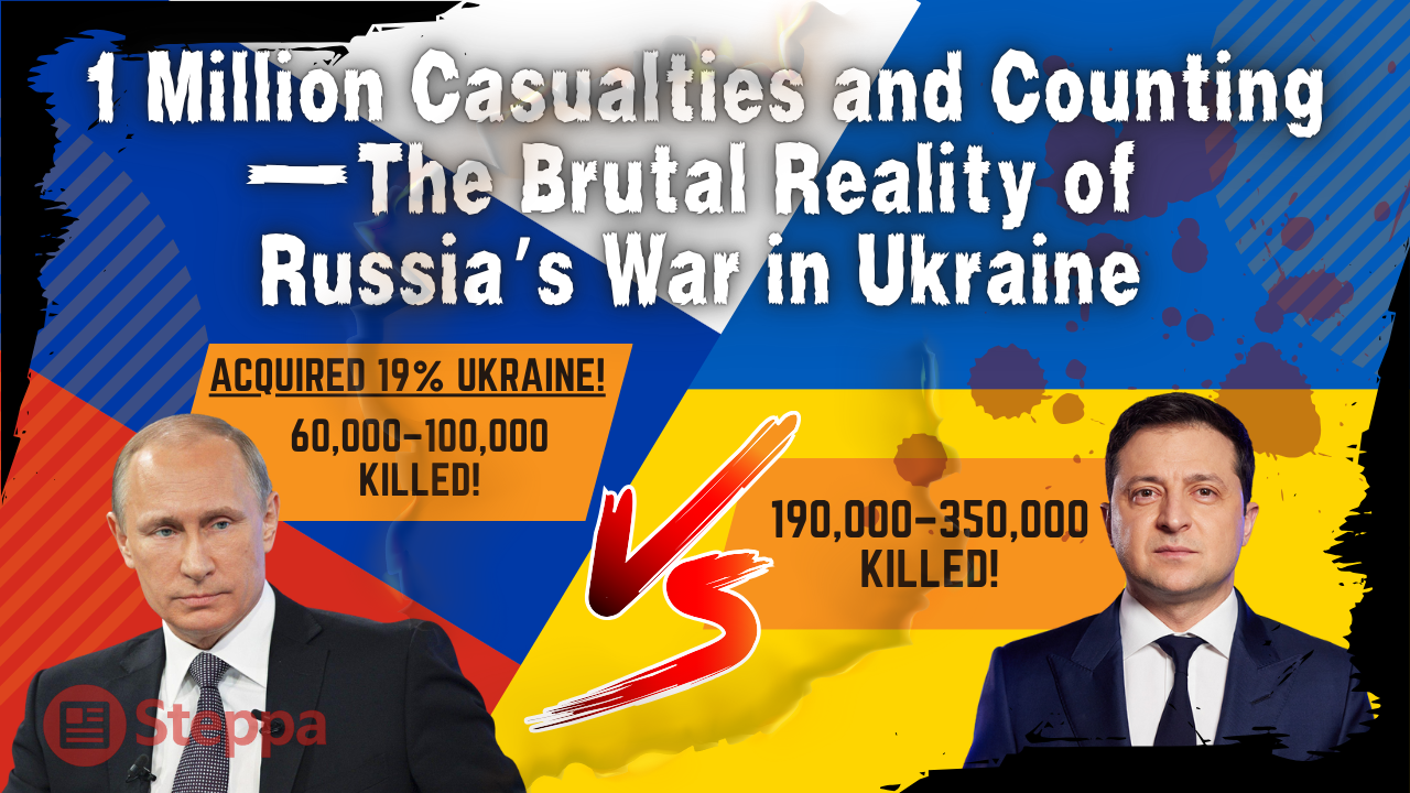 Ukraine's land loss (19%) with Russian and Ukrainian flags, photos of Zelensky and Putin, and military death toll figures.