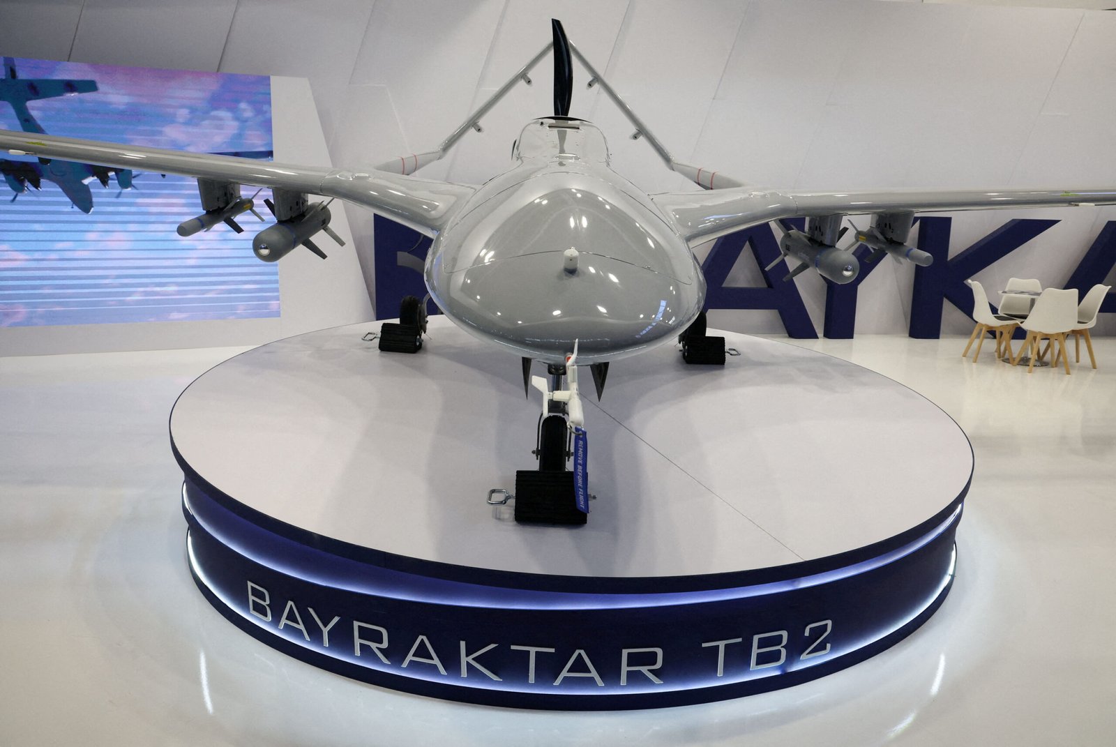 Bayraktar TB2 drone displayed at an international defence expo.
